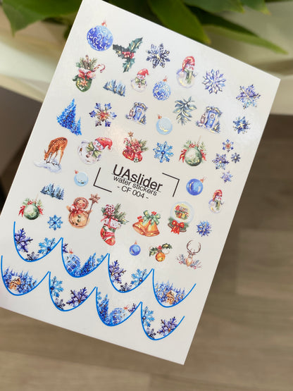 Décalcomanie d'ongles à l'eau CF-004 | Décalcomanies à glisser à l'eau pour ongles avec ornements de Noël et flocons de neige | Ensemble festif pour les fêtes