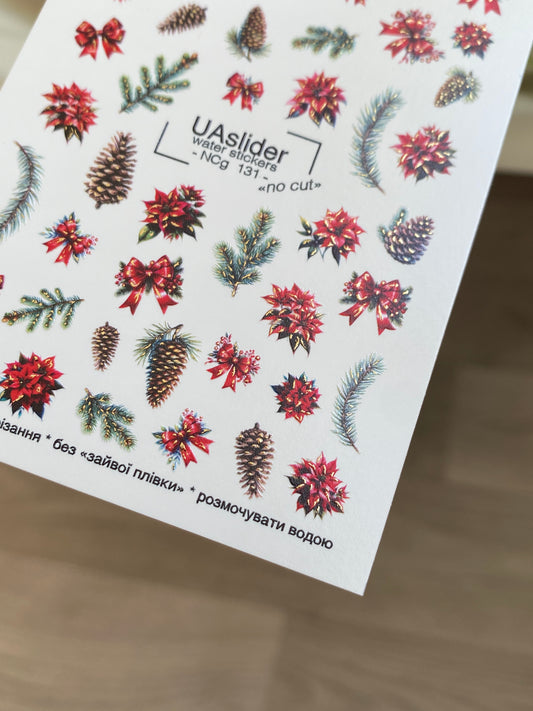 Nagel Wasserabziehbild NCg-131 | Wasserfolien Nagelaufkleber mit Weihnachtssternen und Kiefernzapfen | Weihnachtsnagelkunst