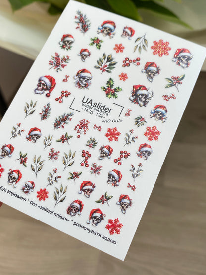Tırnak Su Transferi NCg-132 | Kafataslı Noel Şapkası Su Kaydırmalı Tırnak Transferleri | Gotik Noel Tırnak Sanatı