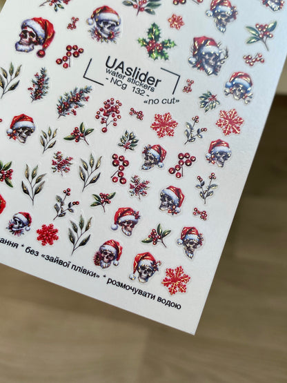 Tırnak Su Transferi NCg-132 | Kafataslı Noel Şapkası Su Kaydırmalı Tırnak Transferleri | Gotik Noel Tırnak Sanatı