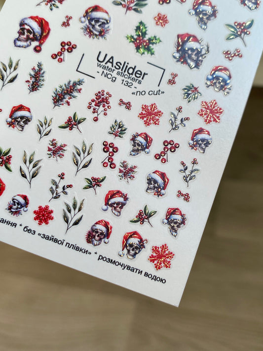 Tırnak Su Transferi NCg-132 | Kafataslı Noel Şapkası Su Kaydırmalı Tırnak Transferleri | Gotik Noel Tırnak Sanatı