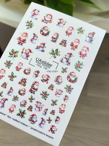 Nagel Wasserabziehbild NCg-133 | Wasserfolien Nagelaufkleber mit Weihnachtsmann und Schneemännern | Weihnachts Nagelkunst