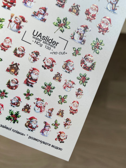 Nagel Wasserabziehbild NCg-133 | Wasserfolien Nagelaufkleber mit Weihnachtsmann und Schneemännern | Weihnachts Nagelkunst