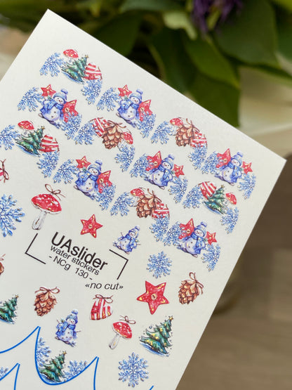 Calcomanía de agua para uñas NCg-130 | Calcomanías deslizantes para uñas con muñecos de nieve y árboles de Navidad | Arte de uñas festivo de invierno