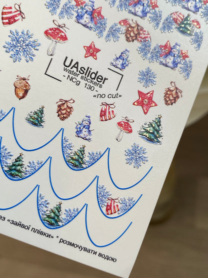 Calcomanía de agua para uñas NCg-130 | Calcomanías deslizantes para uñas con muñecos de nieve y árboles de Navidad | Arte de uñas festivo de invierno