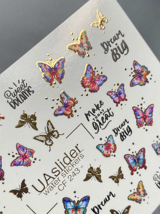 Nagel Wasserabziehbild CF-243 | Bunte Schmetterling Wasserfolien Nagelabziehbilder | Farbverlauf Flügel & Goldene Details