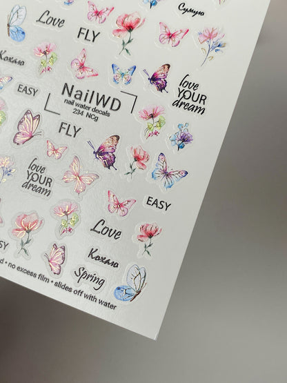 Adesivo de Água para Unhas 234 Nail WD | Adesivos para Unhas com Deslizamento de Água Borboletas Coloridas e Flores de Primavera | Adesivos de Água para Unhas com Citações Inspiradoras