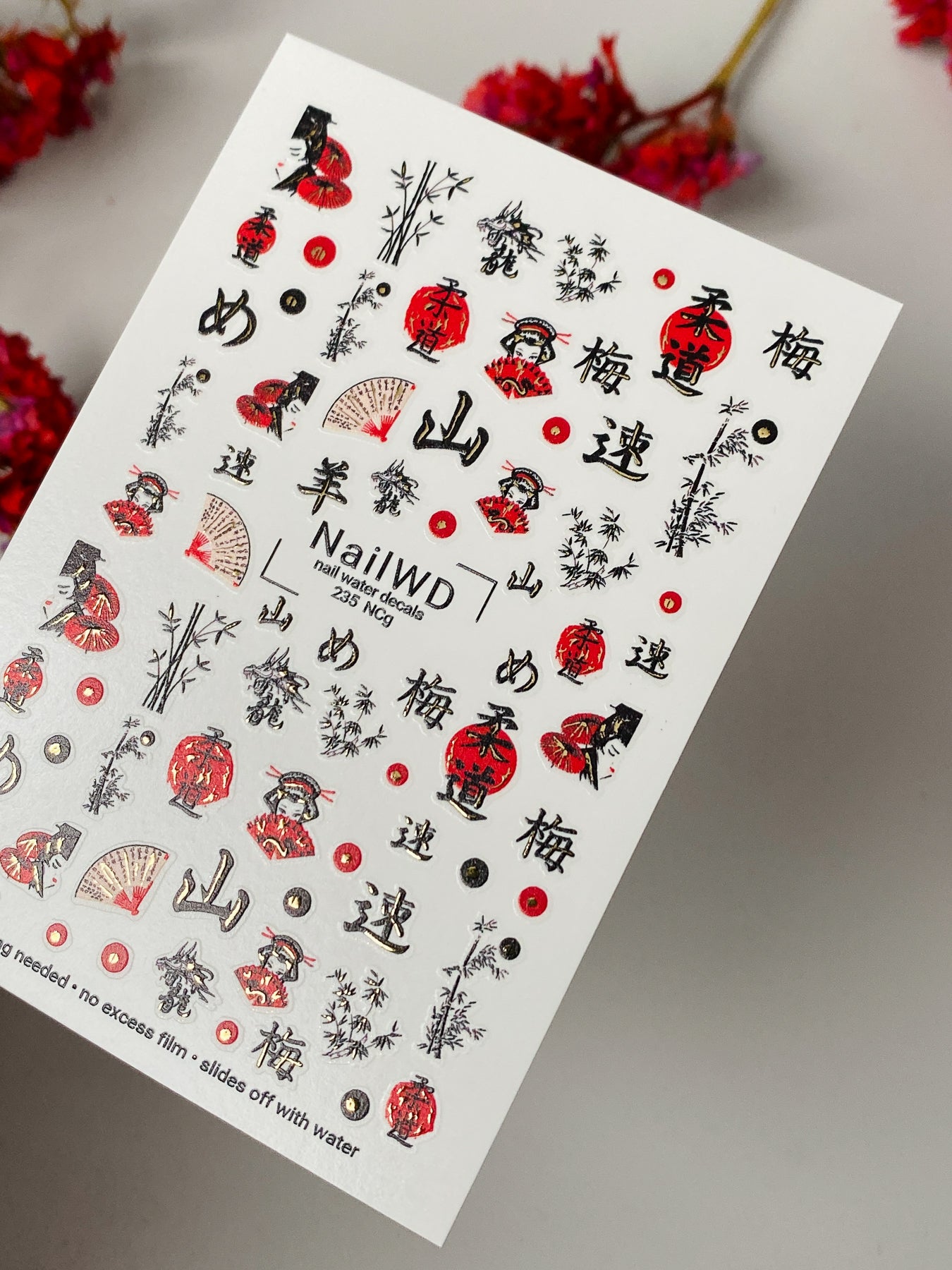 Adesivo per unghie ad acqua 235 Nail WD | Adesivi per unghie a scivolamento ad acqua Geisha giapponese e lanterne | Adesivi per unghie ad acqua con arte di bambù e kanji
