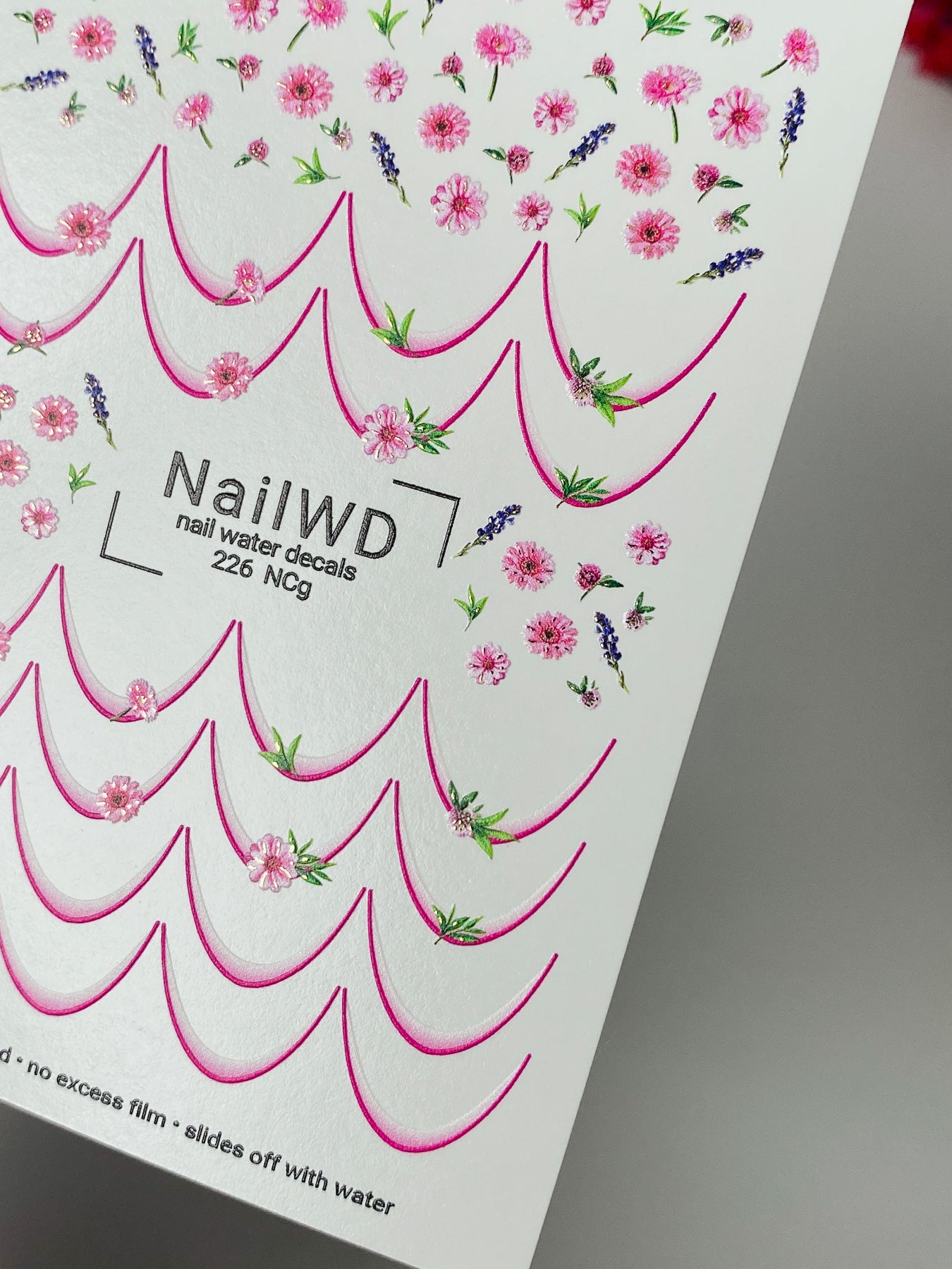 Nagel Wasserabziehbild 226 Nagel WD | Wasserfolien Nagelabziehbilder Rosa Blumen und Lavendel | Nagel Wasserabziehbilder Französische Spitzen Design