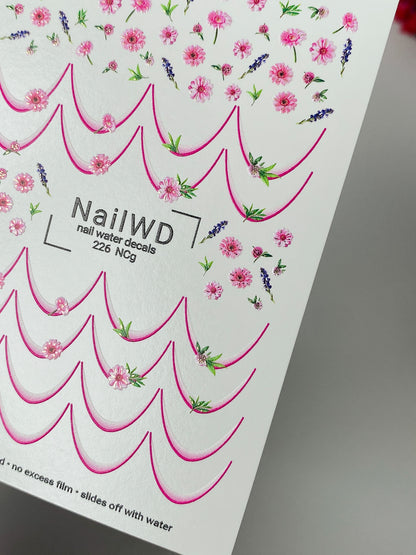 Nagel Wasserabziehbild 226 Nagel WD | Wasserfolien Nagelabziehbilder Rosa Blumen und Lavendel | Nagel Wasserabziehbilder Französische Spitzen Design