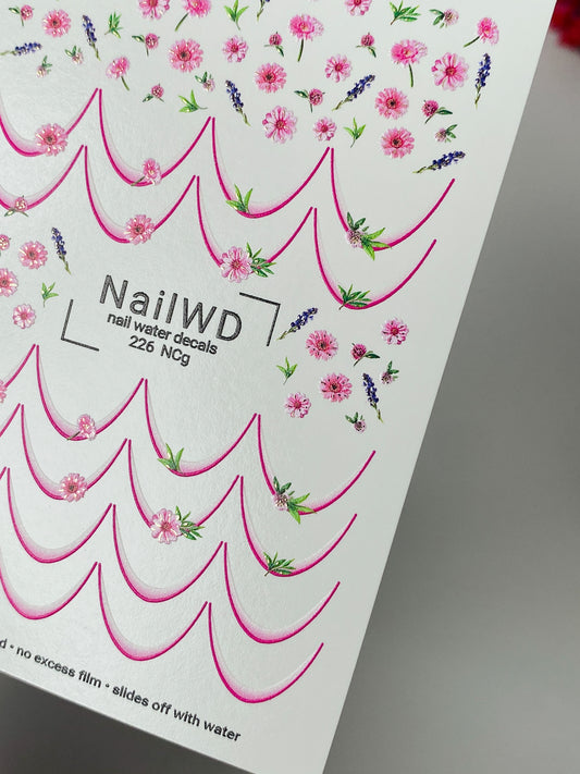Nagel Wasserabziehbild 226 Nagel WD | Wasserfolien Nagelabziehbilder Rosa Blumen und Lavendel | Nagel Wasserabziehbilder Französische Spitzen Design
