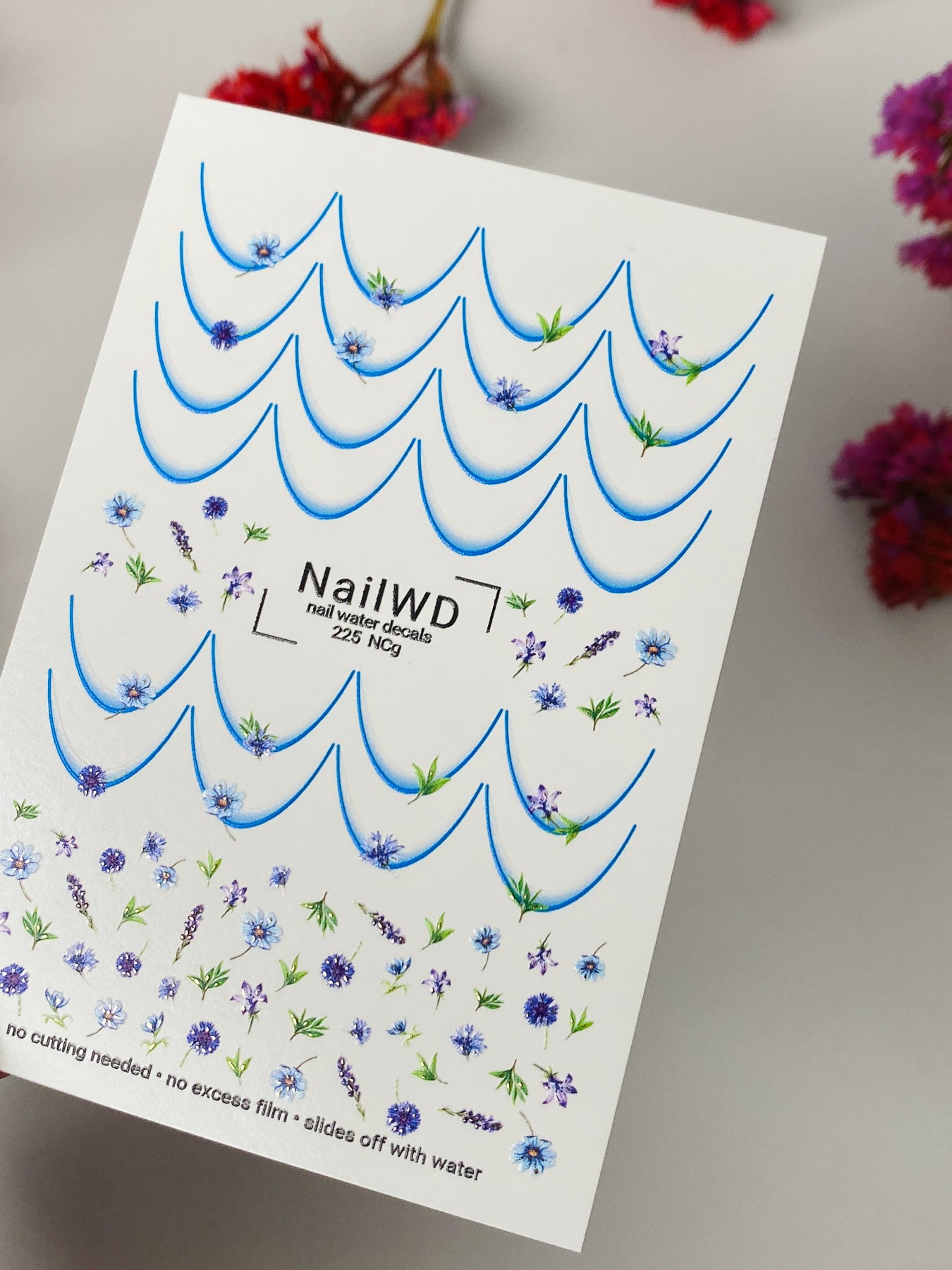 Nagel Wasserabziehbild 225 Nagel WD | Wasserfolien Nagelabziehbilder Blaue Blumen und Lavendel | Nagel Wasserabziehbilder Florale Französische Spitzen