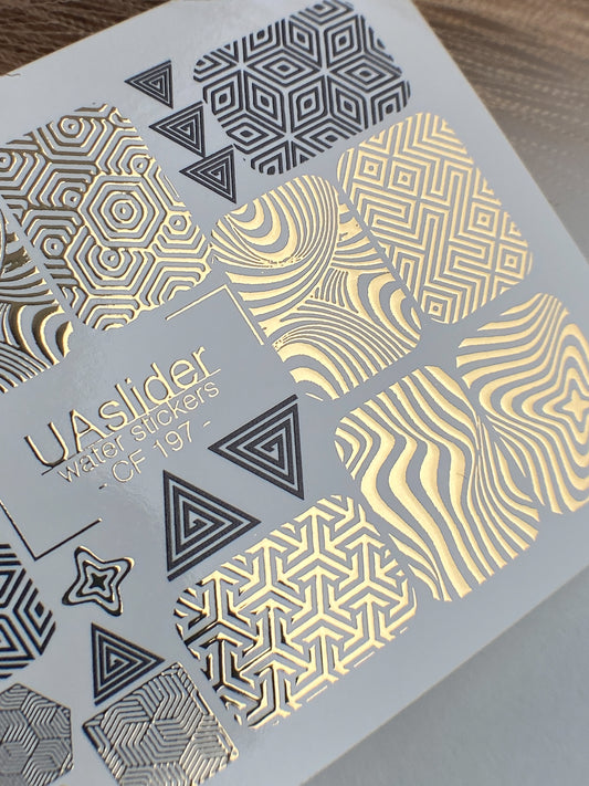 Nail Water Decal CF-197 | Nail Stickers | Geometric Water Decals with Gold Foil Patterns