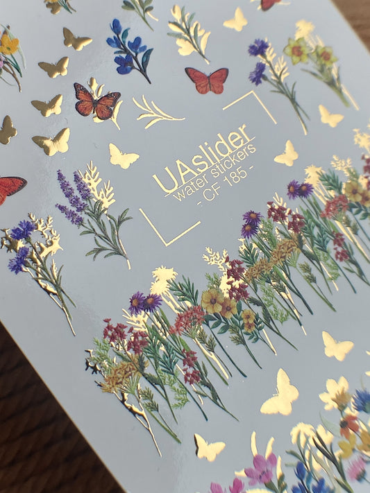 Nail Water Decal CF-185 | Nail Stickers | Floral Water Decals with Colorful Wildflowers and Butterflies