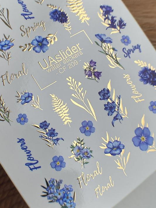Nail Water Decal CF-209 | Nail Stickers | Blue Spring Flowers with Golden Accents Water Decals
