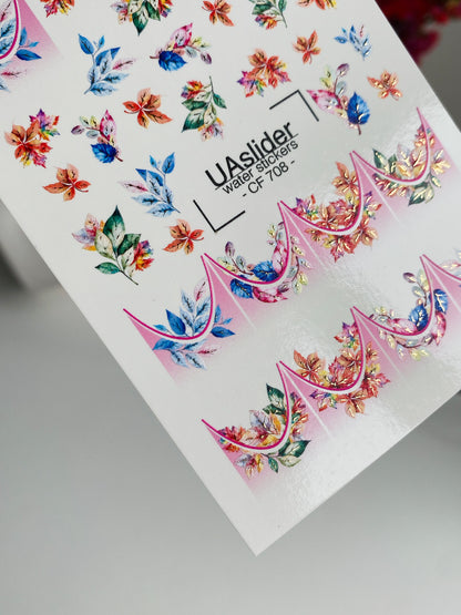 Nagel Wasserabziehbild CF-708 | Wasserabzieh-Nagelaufkleber | Französisches Blumenmuster in leuchtenden Farben