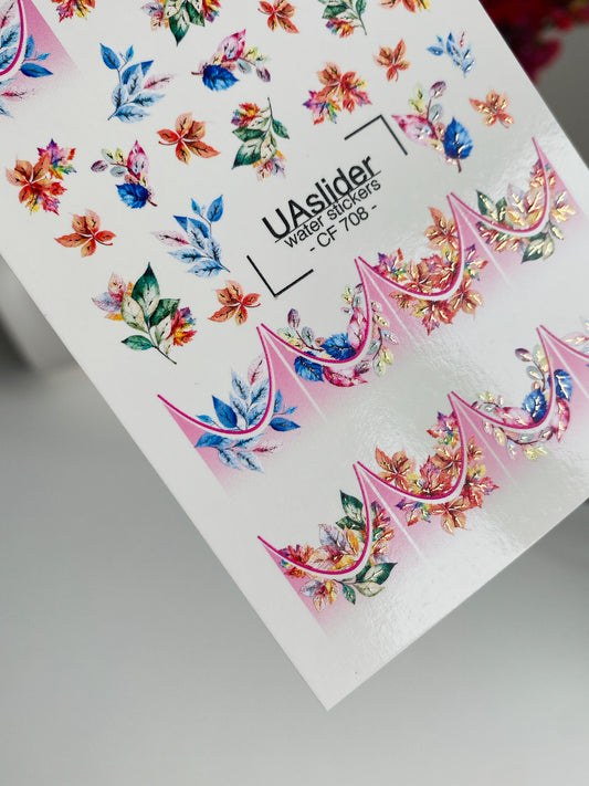 Nagel Wasserabziehbild CF-708 | Wasserabzieh-Nagelaufkleber | Französisches Blumenmuster in leuchtenden Farben