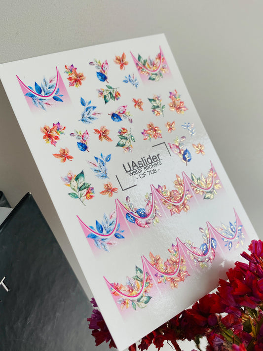 Nagel Wasserabziehbild CF-708 | Wasserabzieh-Nagelaufkleber | Französisches Blumenmuster in leuchtenden Farben