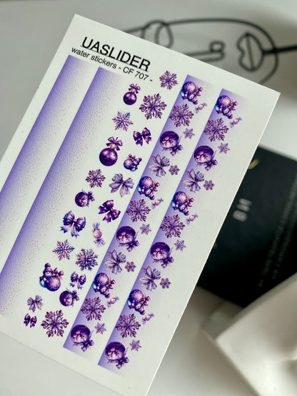 Nagel Wasserabziehbild CF-707 | Weihnachts Wasserfolien Nagelabziehbilder | Lila Verlauf mit Ornamenten und Schneeflocken