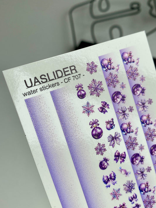 Nagel Wasserabziehbild CF-707 | Weihnachts Wasserfolien Nagelabziehbilder | Lila Verlauf mit Ornamenten und Schneeflocken