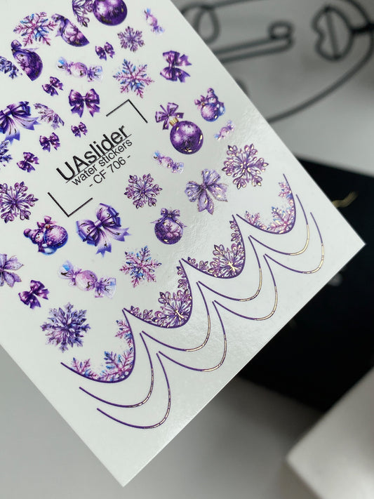 Nagel Wasserabziehbild CF-706 | Weihnachts Wasser-Schiebefolie Nagelabziehbilder | Lila Schneeflocken und Ornamente