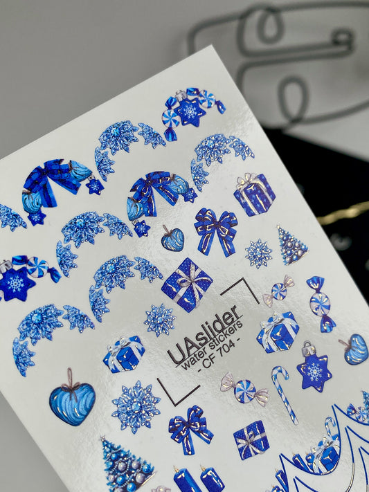 Adesivo de Água para Unhas CF-704 | Adesivos de Unhas com Deslizamento de Água de Natal | Flocos de Neve Azuis e Presentes de Feriado