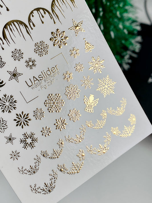 Nagel Wasserabziehbild Fg-297 | Wasserfolien Nagelabziehbilder | Goldene Schneeflocken und festliches französisches Design