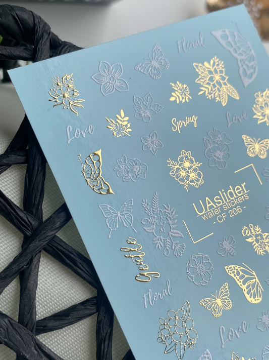 Nail Water Decal CF-206 | Nail Stickers | White & Gold Floral and Butterfly Water Decals