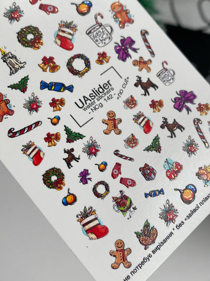 Nail Water Decal NCg-142 | Christmas Water Slide Nail Decals | Gifts, Gingerbread and Festive Icons