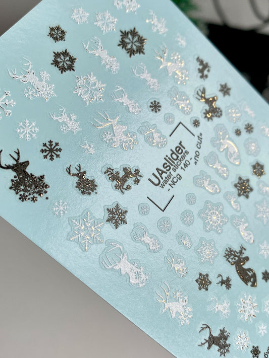 Décalcomanie d'ongle à l'eau NCg-143 | Décalcomanies d'ongle à glissière d'eau d'hiver | Flocons de neige et rennes
