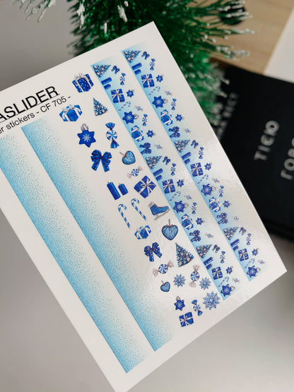 Nagel Wasserabziehbild CF-705 | Weihnachts Wasserfolien Nagelabziehbilder | Blaues Farbverlauf und Feiertagsornamente