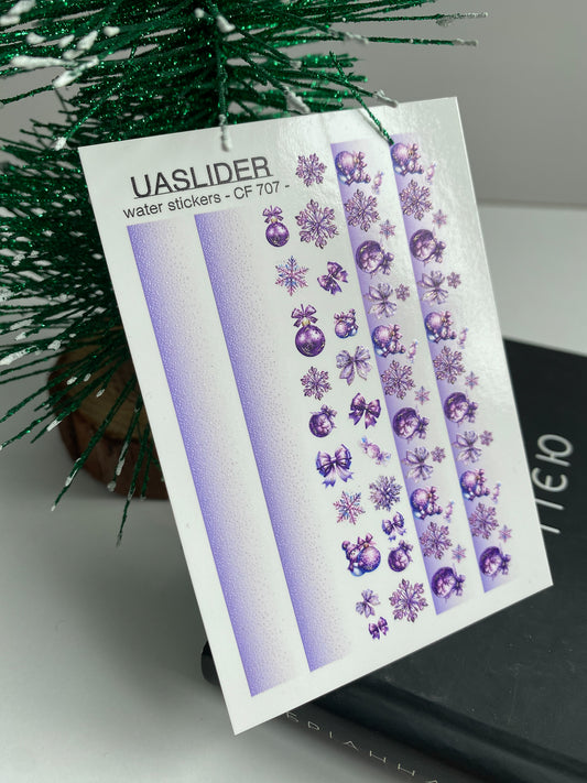 Nagel Wasserabziehbild CF-707 | Weihnachts Wasserfolien Nagelabziehbilder | Lila Verlauf mit Ornamenten und Schneeflocken