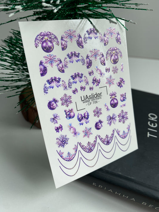 Nagel Wasserabziehbild CF-706 | Weihnachts Wasser-Schiebefolie Nagelabziehbilder | Lila Schneeflocken und Ornamente