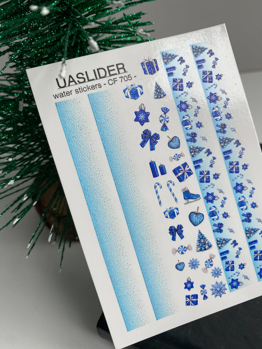 Nagel Wasserabziehbild CF-705 | Weihnachts Wasserfolien Nagelabziehbilder | Blaues Farbverlauf und Feiertagsornamente