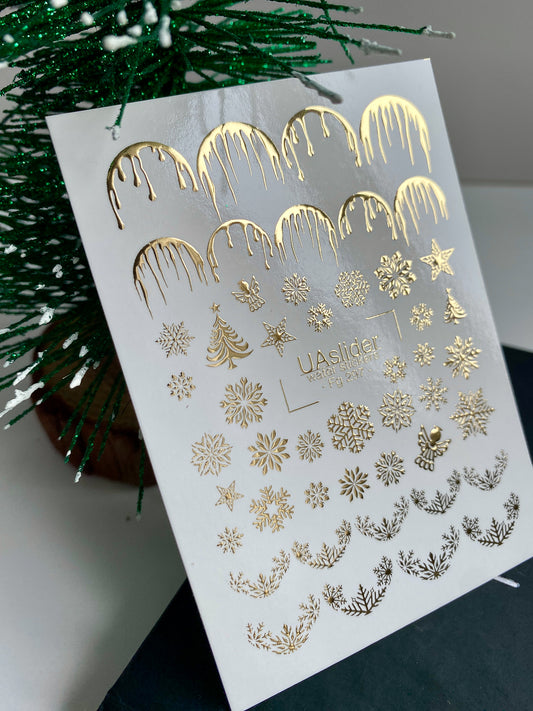 Nagel Wasserabziehbild Fg-297 | Wasserfolien Nagelabziehbilder | Goldene Schneeflocken und festliches französisches Design