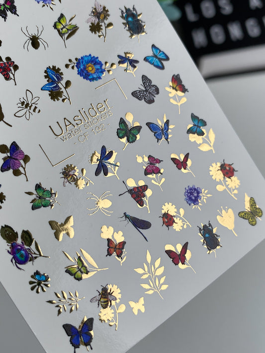 Nail Water Decal CF-192 | Nail Stickers | Butterflies & Insects Water Decals with Gold Elements