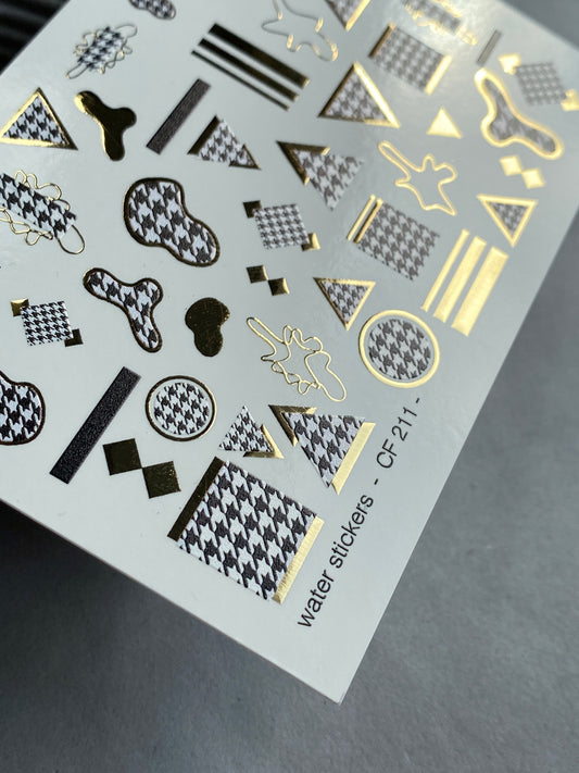 Nail Water Decal CF-211 | Nail Stickers | Geometric Houndstooth & Gold Water Decals