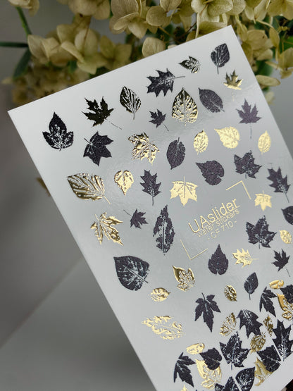 Nagel-Wasserabziehbild CF-710 | Wasserfolien-Nagelabziehbilder | Schwarze und goldene Herbstblätter