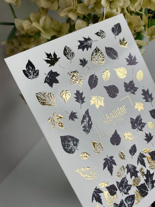 Nagel-Wasserabziehbild CF-710 | Wasserfolien-Nagelabziehbilder | Schwarze und goldene Herbstblätter