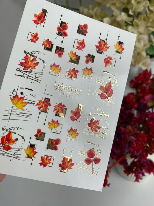 Nagel Wasserabziehbild CF-713 | Wasserfolien Nagelabziehbilder | Herbst Ahornblätter mit goldenen geometrischen Akzenten