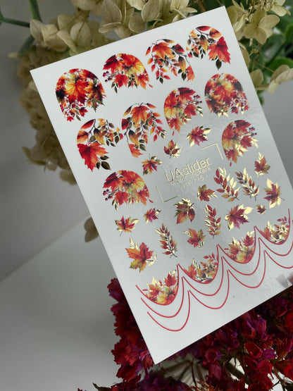 Nagel-Wasserabziehbild CF-715 | Wasserfolien-Nagelabziehbilder | Herbstblätter mit roten und goldenen Akzenten
