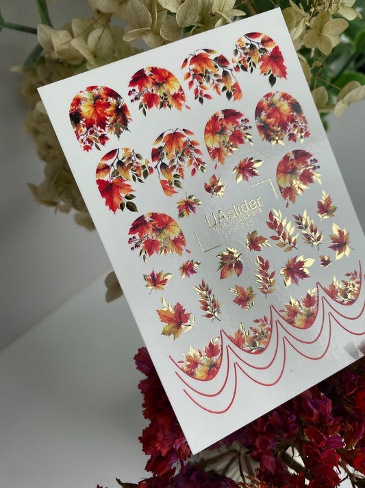 Nagel-Wasserabziehbild CF-715 | Wasserfolien-Nagelabziehbilder | Herbstblätter mit roten und goldenen Akzenten