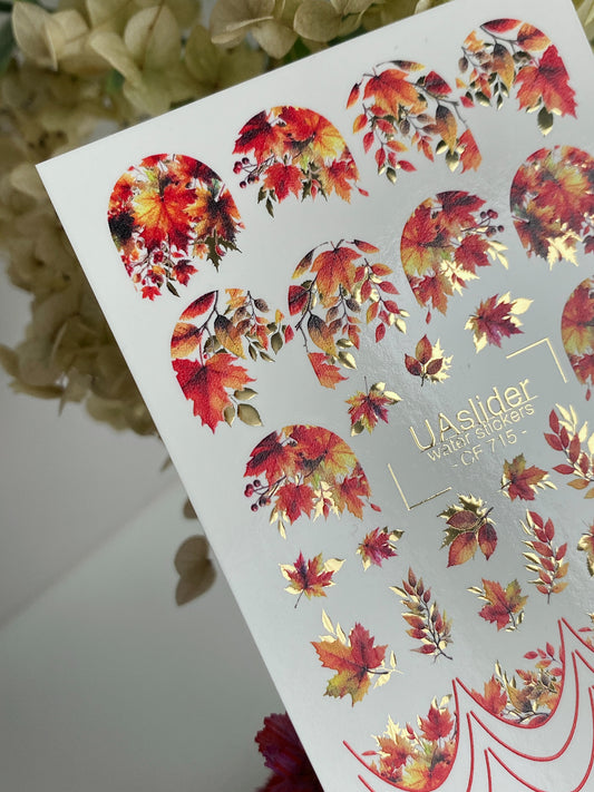 Nagel-Wasserabziehbild CF-715 | Wasserfolien-Nagelabziehbilder | Herbstblätter mit roten und goldenen Akzenten