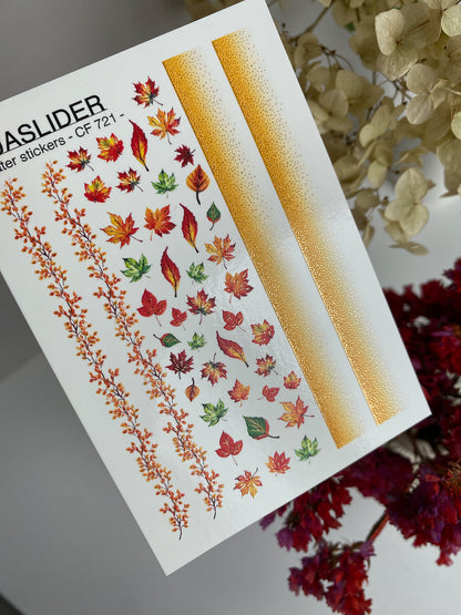 Nagel-Wasserabziehbild CF-721 | Wasser-Schiebefolien für Nägel | Herbst-Ahornblätter und Farbverlauf-Streifen