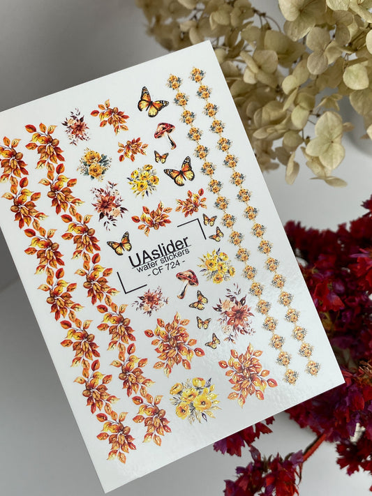 Nagel-Wasserabziehbild CF-724 | Wasser-Schiebefolien für Nägel | Herbstblätter und Schmetterlinge mit floralen Akzenten