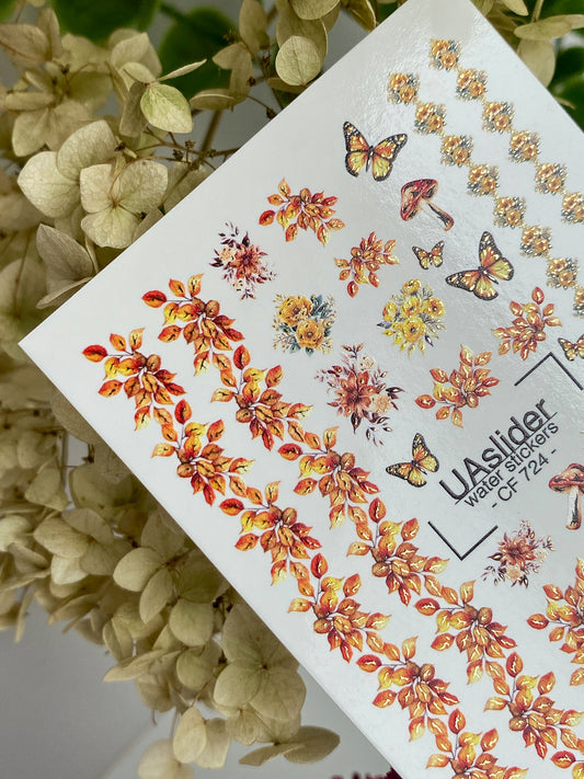 Nagel-Wasserabziehbild CF-724 | Wasser-Schiebefolien für Nägel | Herbstblätter und Schmetterlinge mit floralen Akzenten