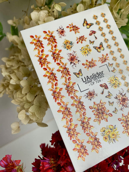 Nagel-Wasserabziehbild CF-724 | Wasser-Schiebefolien für Nägel | Herbstblätter und Schmetterlinge mit floralen Akzenten