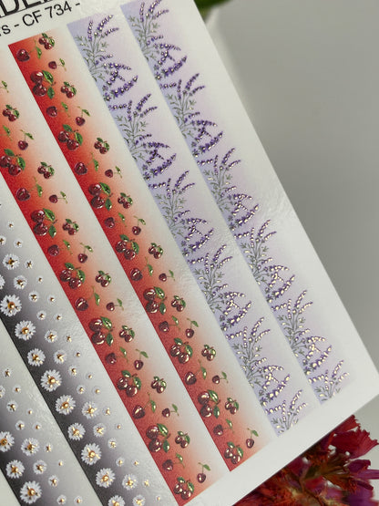 Nagel-Wasserabziehbild CF-734 | Wasserabzieh-Nagelaufkleber | Florale Streifen mit Gänseblümchen, Kirschen und Lavendel