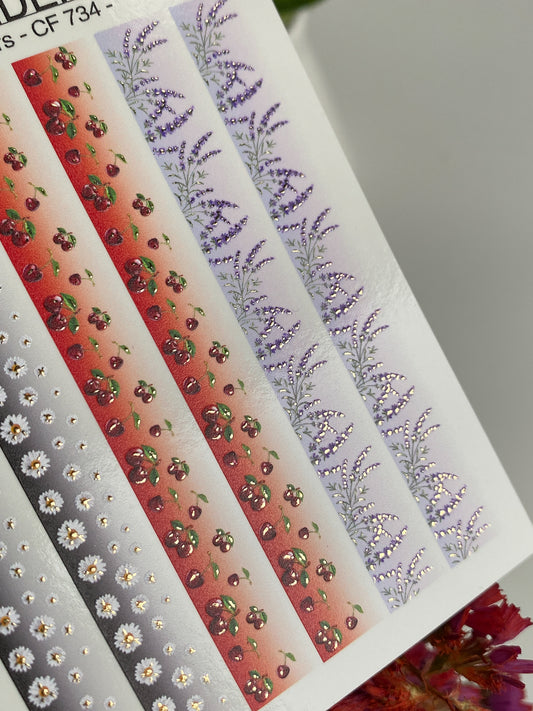 Nagel-Wasserabziehbild CF-734 | Wasserabzieh-Nagelaufkleber | Florale Streifen mit Gänseblümchen, Kirschen und Lavendel