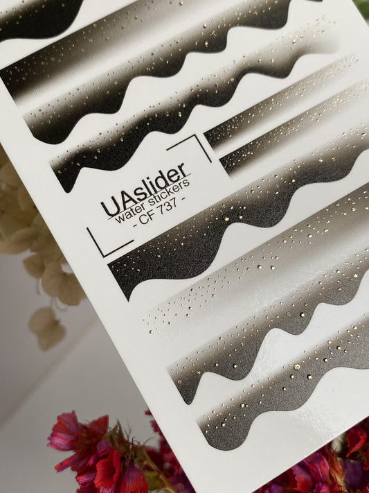 Nagel Wasserabziehbild CF-737 | Wasserfolien Nagelabziehbilder | Schwarze und goldene Farbverlaufswellen